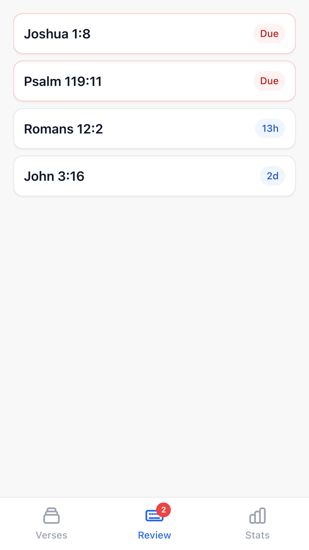 Review queue showing verses due for practice